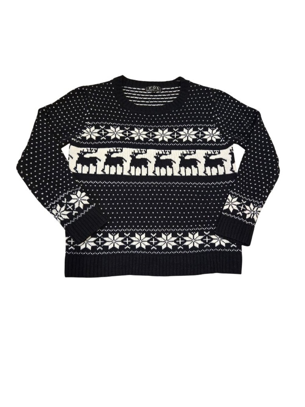 POL Womens Black White Fair Isle Nordic Reindeer Snowflake Pullover Medium Sweat